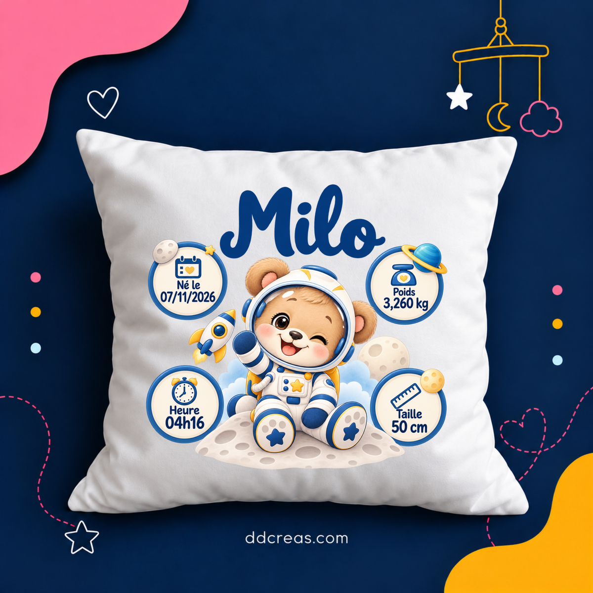 Coussin de Naissance Personnalisé thème Astronaute