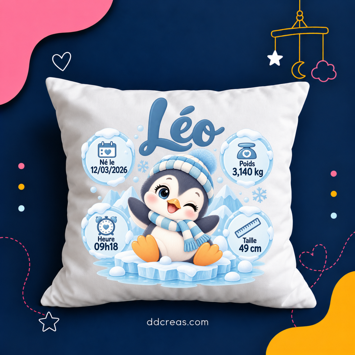 Coussin de Naissance Personnalisé thème Banquise