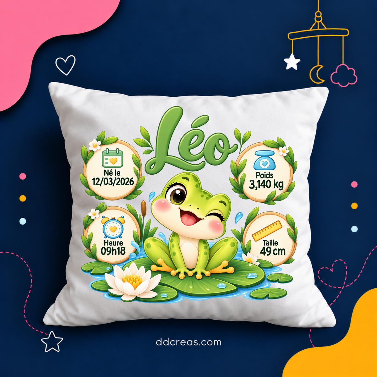 Coussin de Naissance Personnalisé thème Grenouille