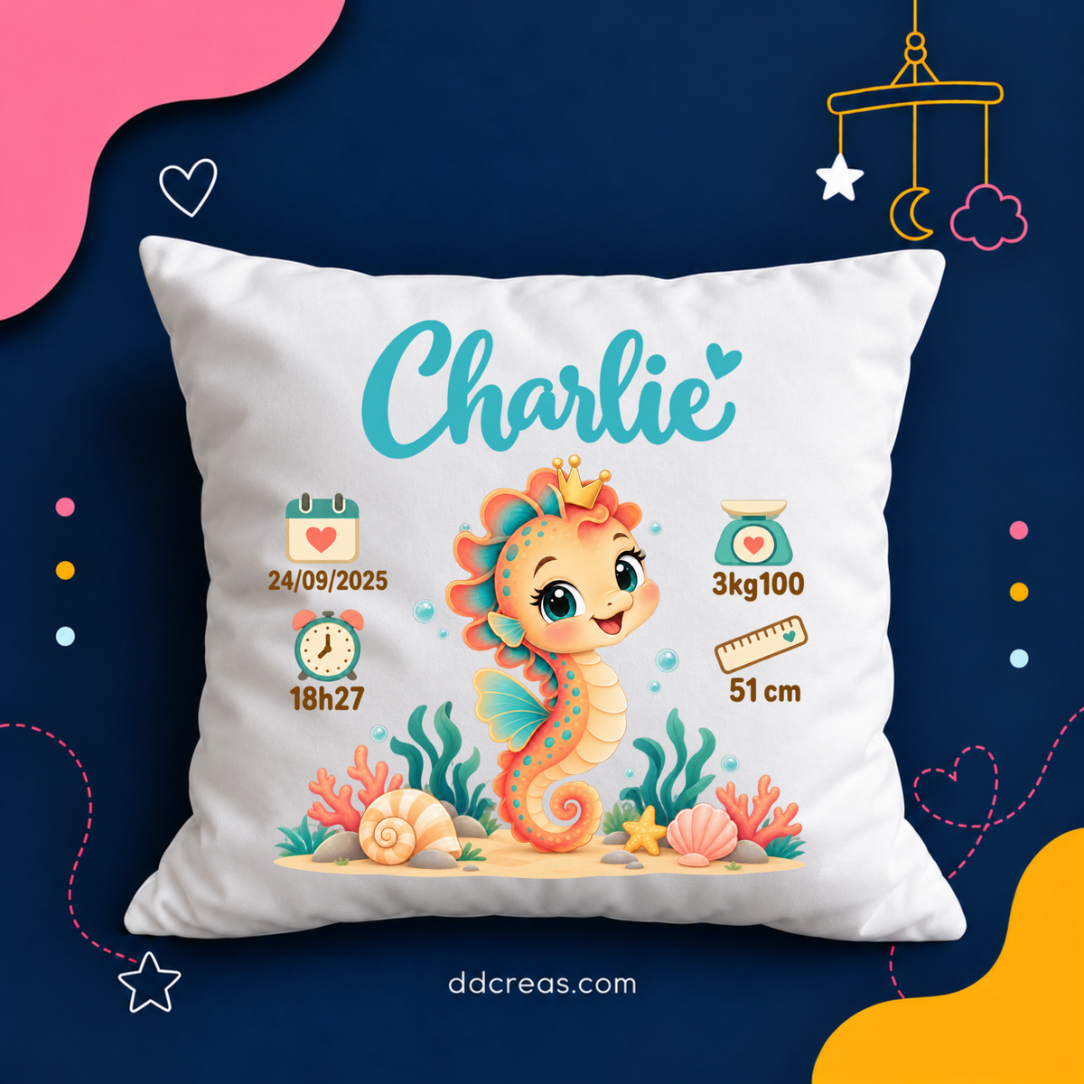 Coussin de Naissance Personnalisé thème Hippocampe