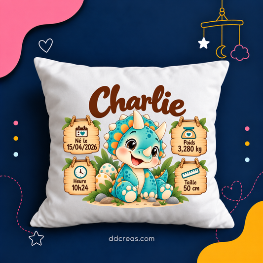 Coussin de Naissance Personnalisé thème Dinosaures