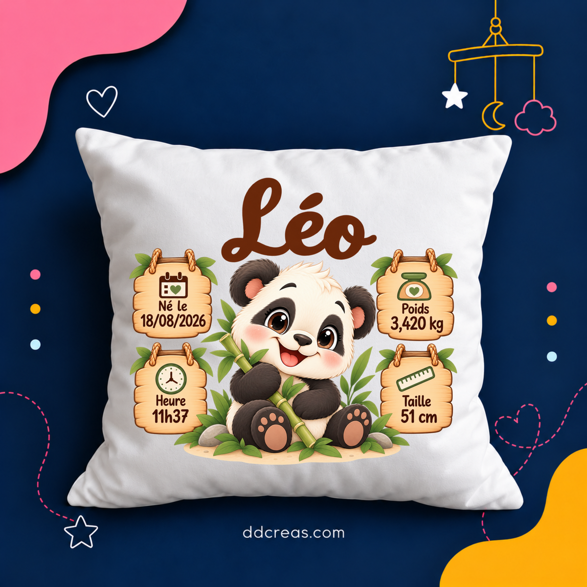 Coussin de Naissance Personnalisé thème Panda