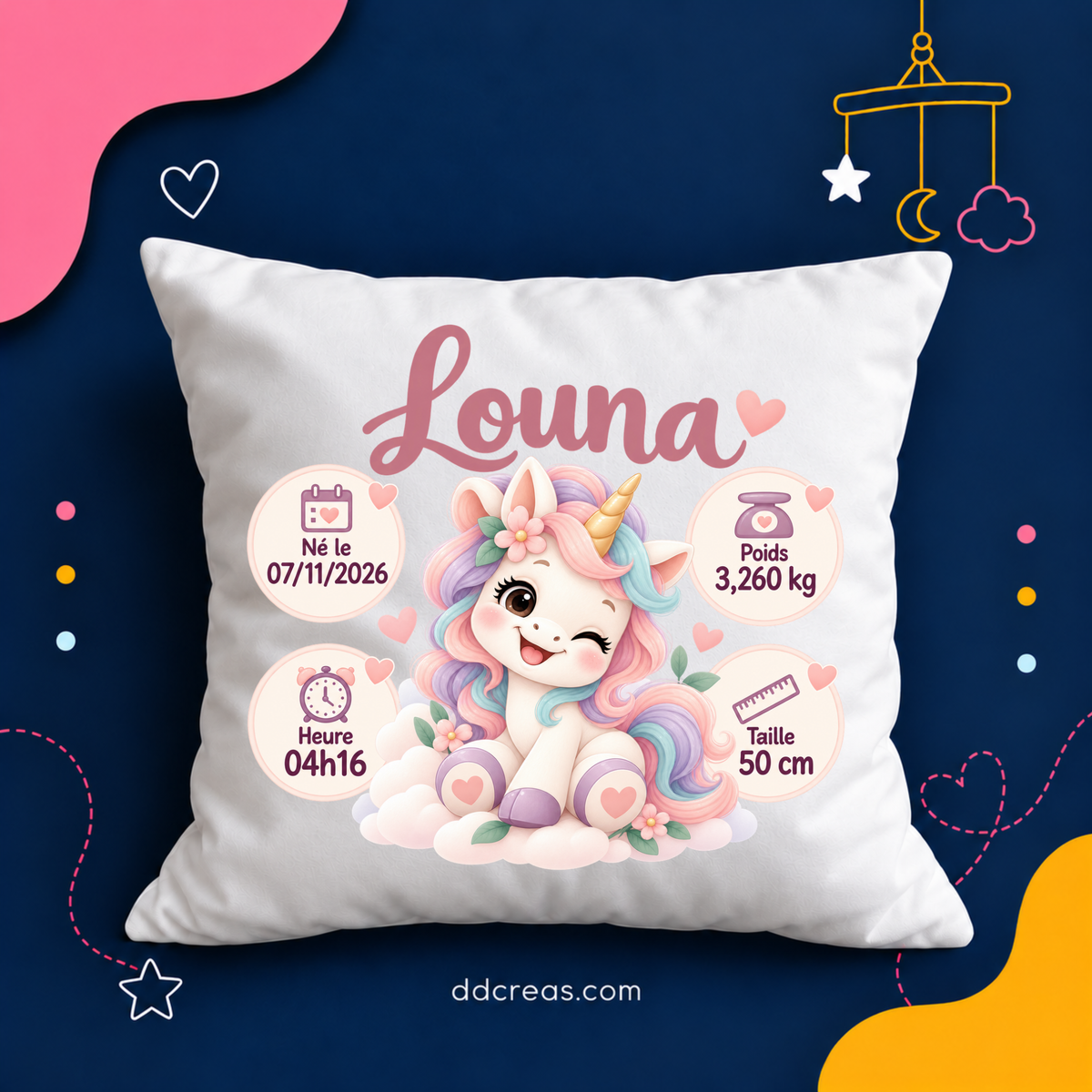 Coussin de Naissance Personnalisé thème Licorne