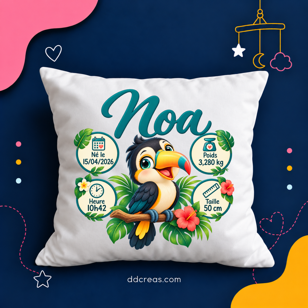 Coussin de Naissance Personnalisé thème Tropical