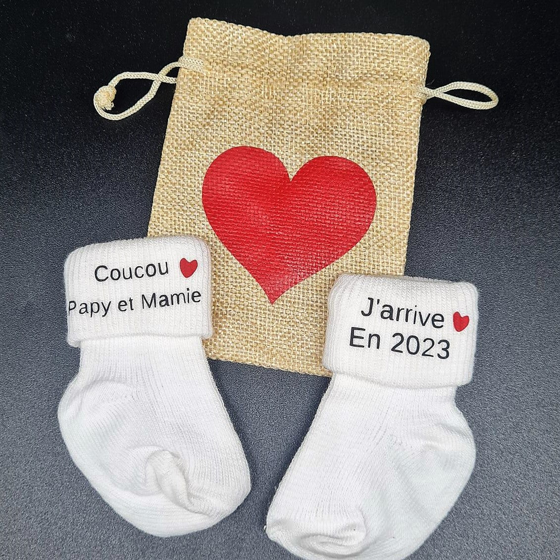 Annonce grossesse chaussette avec pochon - DD Creas